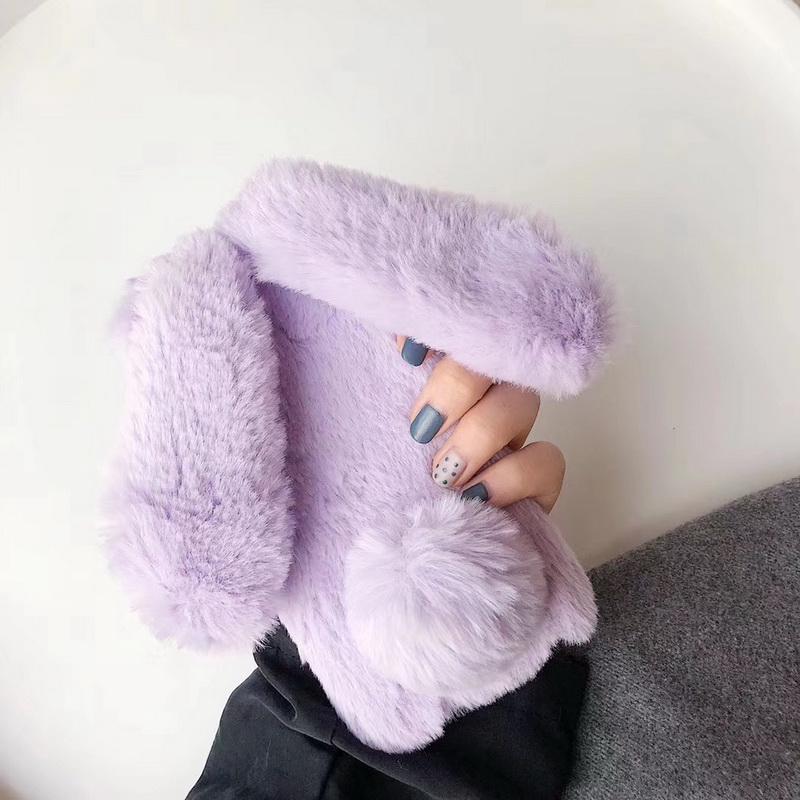 Plush Rabbit Hair Ball Round Tail Ears Lovely Cute Shockproof Phone Case for Apple Iphone 16 15 14 13 12 11 Pro Max X XR XS Max 6 6s 7 8 Plus Cover