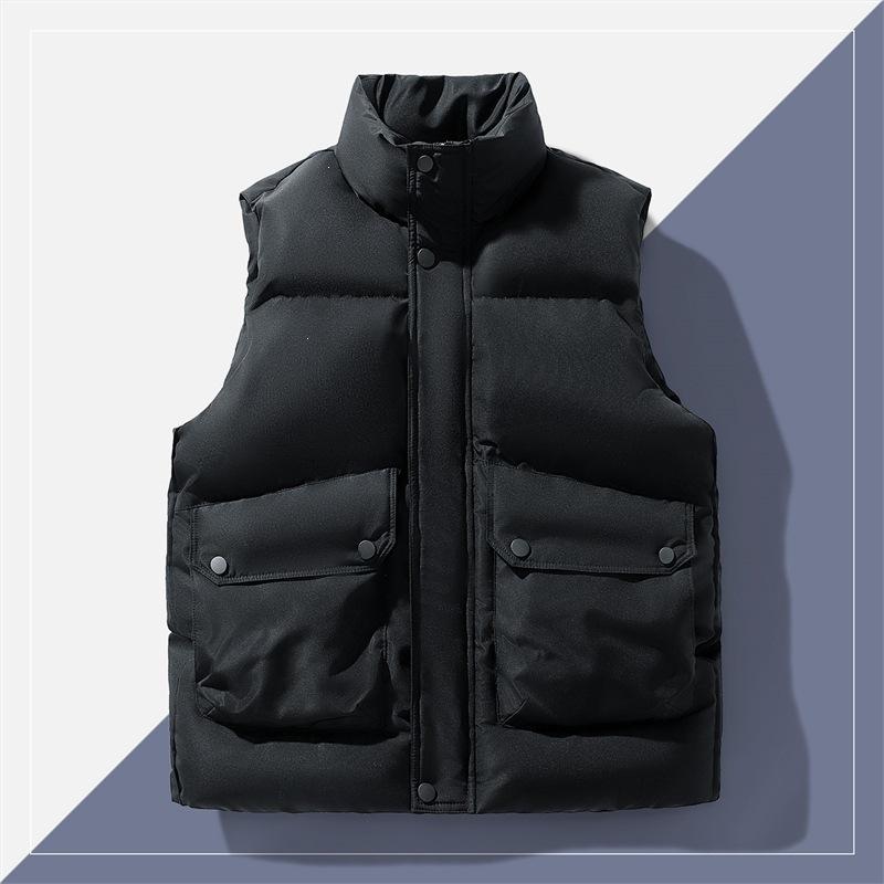 Men's Stand Collar Quilted Puffer Vest Snap Button Zip Up Sleeveless Padded Jacket With Pockets Thick Winter Outerwear