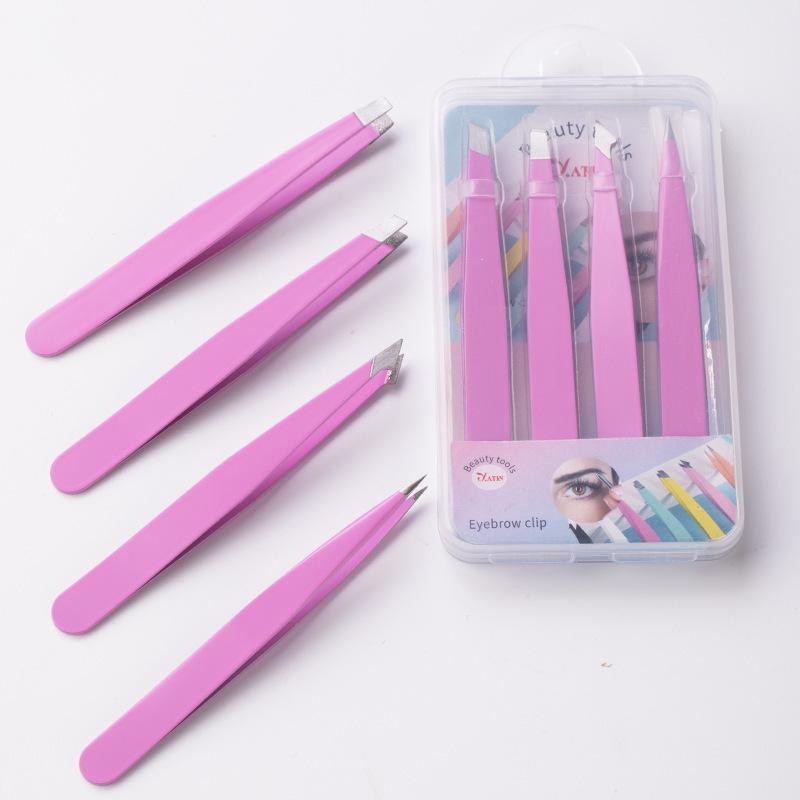 4-Piece Stainless Steel Black Tweezer Set for Eyebrows and Hair Removal with Storage Case