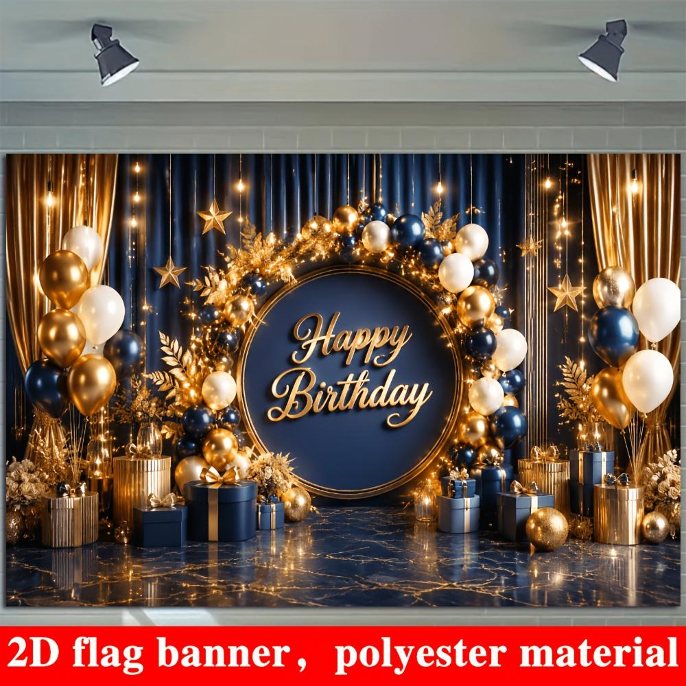 Un banner 2D con uno sfondo lussuoso a tema compleanno in blu e oro ed elementi dorati al centro.zyc
