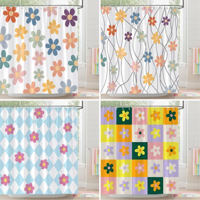 Bunter Blumenduschvorhang Geometrische Linien Quadrat Frisch Elegant Polyester Kinder Duschvorhänge Badezimmer Dekor Mit Haken