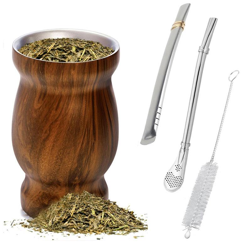Set Tazza Yerba Mate da 8oz Doppia Parete Acciaio Inossidabile 304 Zucca Mate Tazza Termica con 2 Cannucce e Spazzolino per Bevande