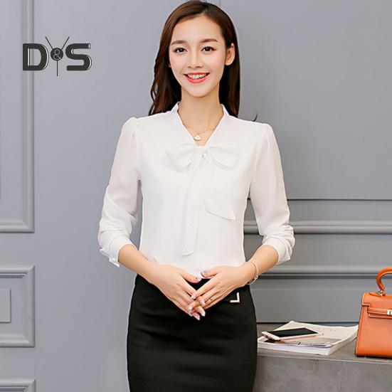 Spring Summer Women Bowknot Lace Up Collar Shirt Tops Long Sleeve Solid Color Casual Chiffon Blouse Workwear