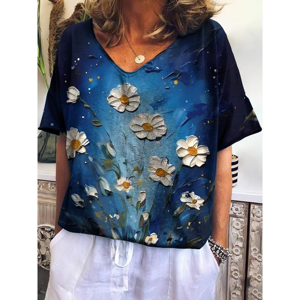 Vintage Women's T Shirts V-neck 3d Flower Print Tops Loose Short Sleeve Tees Summer Streetwear Casual Oversized Female Clothing