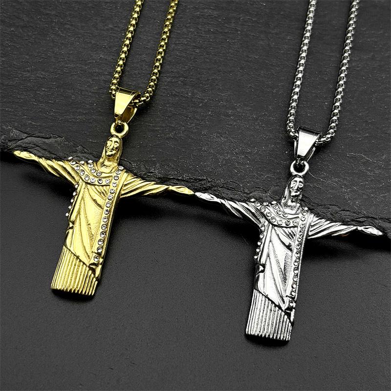 Christian Jesus Statue Rhinestones Pendant Necklace for Women Men Stainless Steel Gold Color Crucifix Chain Amulet Jewelry Gift