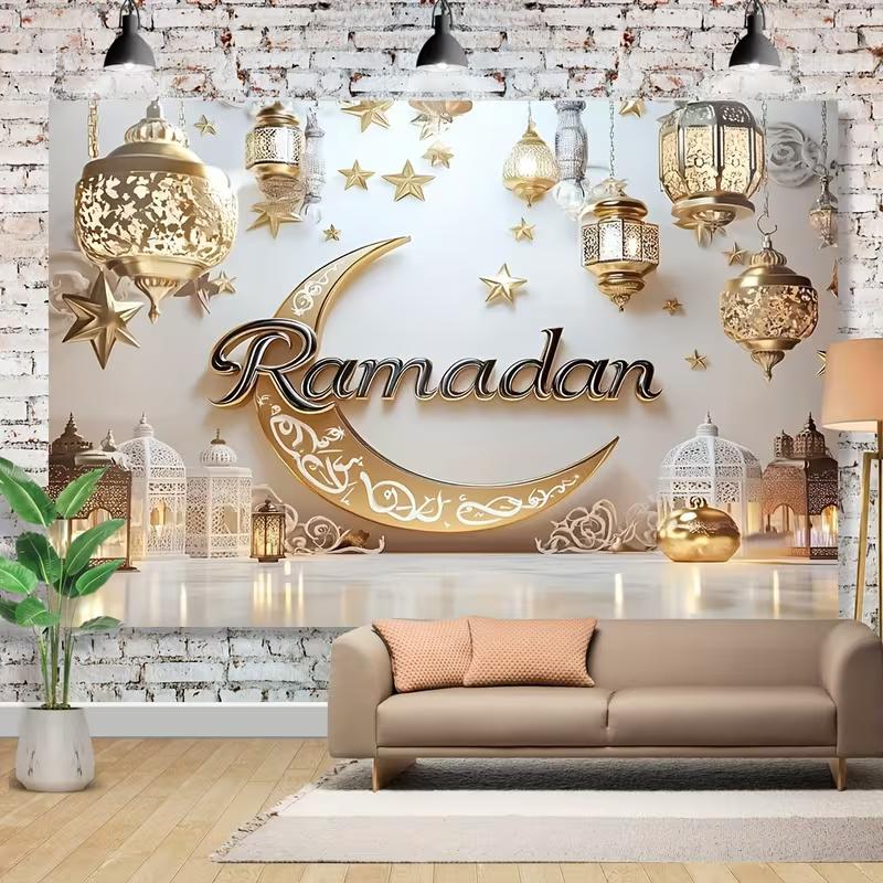2D Ramadan Crescent Moon & Lantern Backdrop for Home Decor