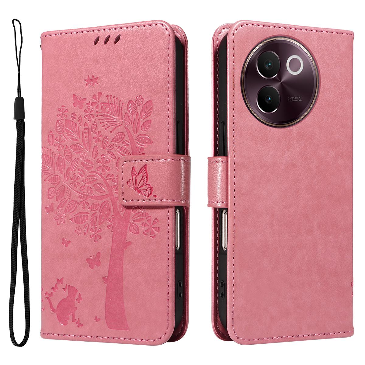 

Чохол для телефону vivo V40 Lite 5G/vivo V30e 5G зі підставкою, візерунком «Котяче дерево», шкіряний гаманець, мобільна накладка Pink