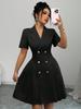 Women's Short Sleeve Waist Cinched Dress Double Breasted Button Front Fit and Flare Dress with Lapel Collar Elegant Office Wear
