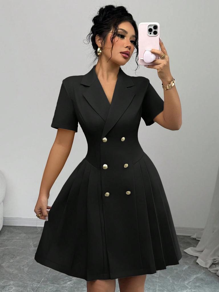 Women's Short Sleeve Waist Cinched Dress Double Breasted Button Front Fit and Flare Dress with Lapel Collar Elegant Office Wear