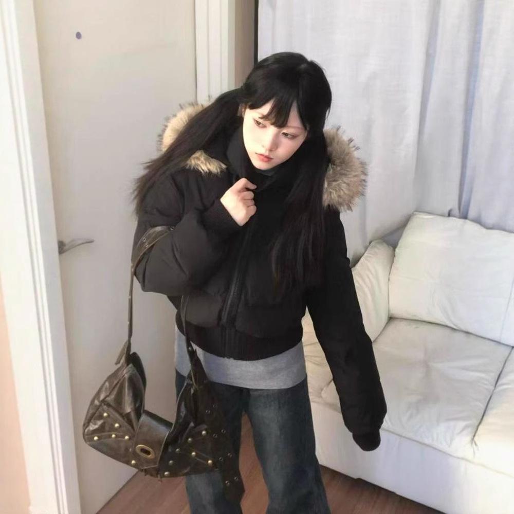 American short black big fur collar hooded cotton clothes women's thin waist cotton-padded clothes advanced new winter coat