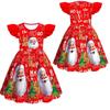 Kids Girls Cartoon Santa Claus Christmas Tree Elk Print Ruffle Sleevess New Year Dress