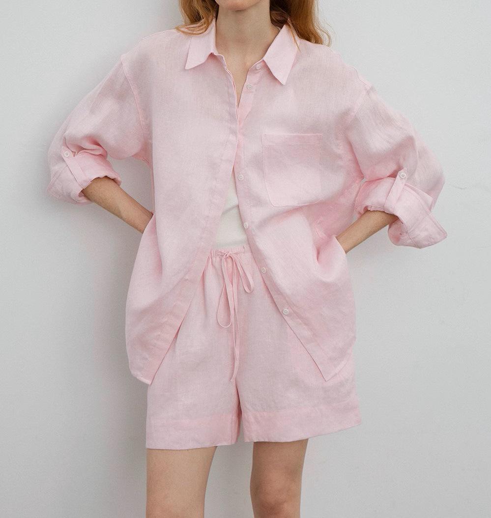 

Loose Summer Linen Oversized Shirt & Shorts Set - Casual Sun Protection, Solid Colors Soft Mist Pink Set [Shirt + Shorts]