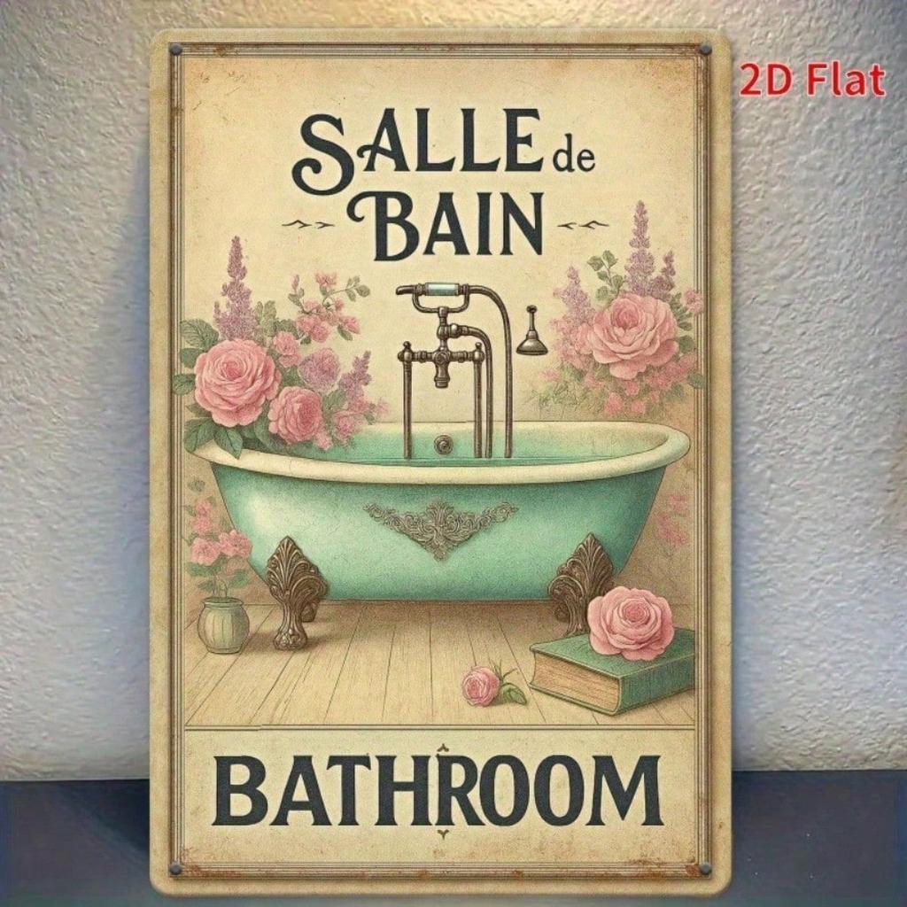 Vintage French 'SALLE DE BAIN' Bathroom Sign – 8x12 Retro Metal Plaque Wall Art, Funny 2D Decor for Cafe, Bar, Garage