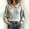 Women's Fashion Long Sleeve Knit Top with Round Neck, Button Front and Ruffle Trim