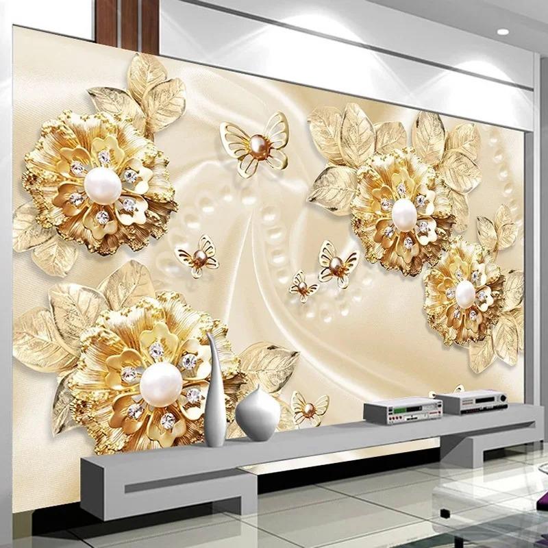 3d Stereo Luxury Photo Wallpaper Golden Flower Jewelry Murals Living Room Tv Background Wall Mural Home Decor
