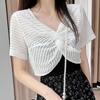 Short Sleeve Mesh Knitted Pullover Top V-neck Sun Protection Shawl T Shirt  Beach