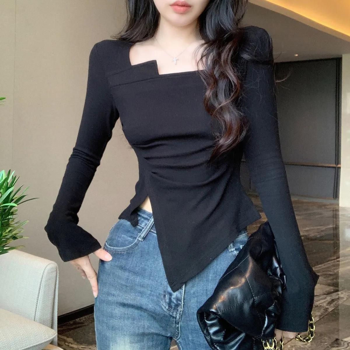 

German Velvet Thickened Irregular Square Collar Long-sleeved T-shirt Women Autumn Winter White Bottoming Shirt Waist Top S чорний