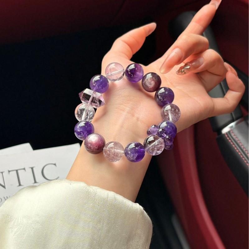 Handmade Natural Purple Amethyst Lepidolite Beaded Bracelet Women 14mm Round Elegant Boho Chic Style