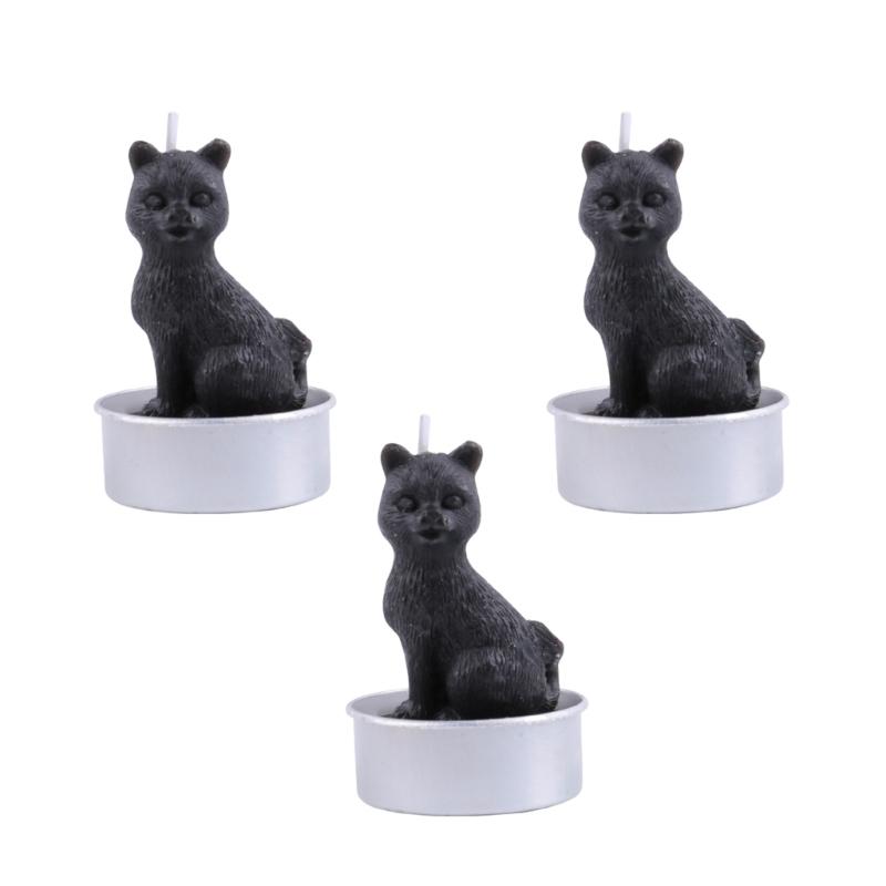Set of 3 Halloween Themed Candle Ornaments Funny Black Cats Skull Pumpkin Witches Shape Candle for Home and Party Decors