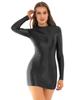 Womens Long Sleeve Bodycon Dress Mock Neck Glossy Stretchy Nightclub Attire