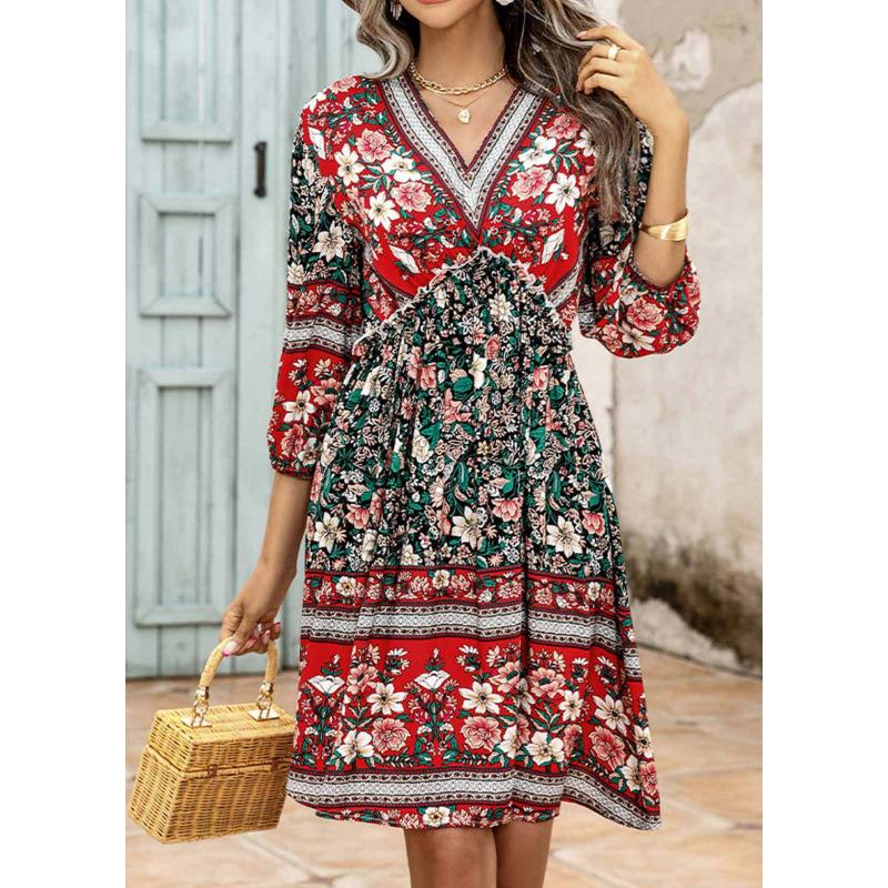 Dress V-neck short-sleeved printed retro new dress