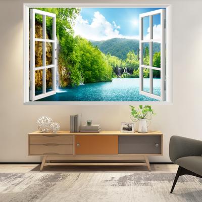 57*90cm 3DMountain Wild Lake Natural Scenery False Window Wall Painting Living Room Bedroom Removable Wall Sticker Hoom Decor