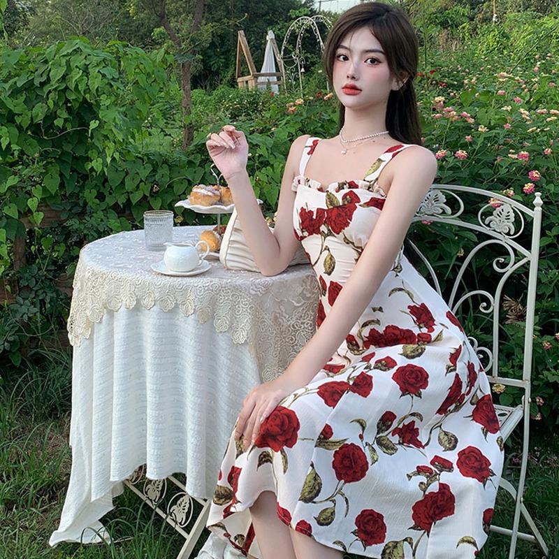 Floral Dress For  Lady  Long Sleeve Sweetfrench Vintage Midi Dress  Evening Party Retro Elegant One Piece Dress