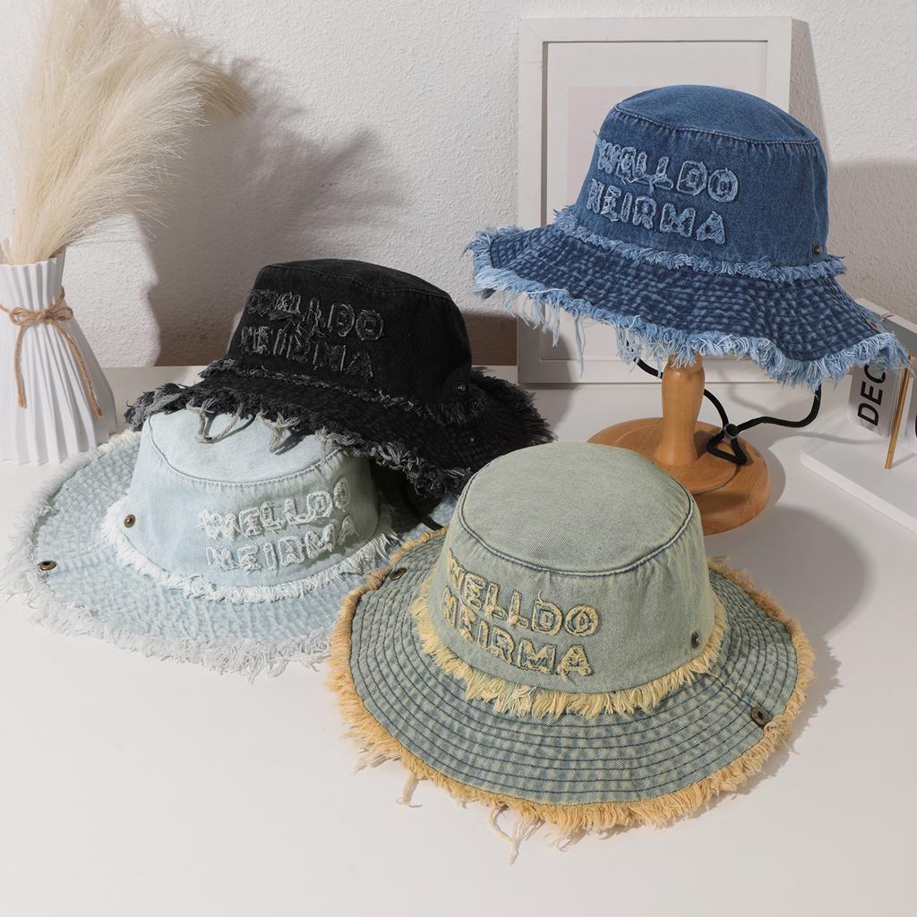 Spring and Autumn New Washed Letter Fringed Wide-brimmed Fisherman's Hat and Fashionable Flanged Flat-top Sun Hat