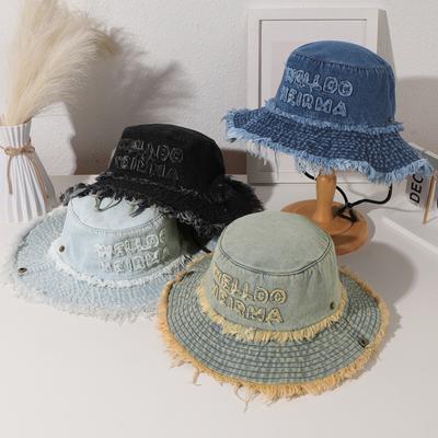 Spring and Autumn New Washed Letter Fringed Wide-brimmed Fisherman's Hat and Fashionable Flanged Flat-top Sun Hat