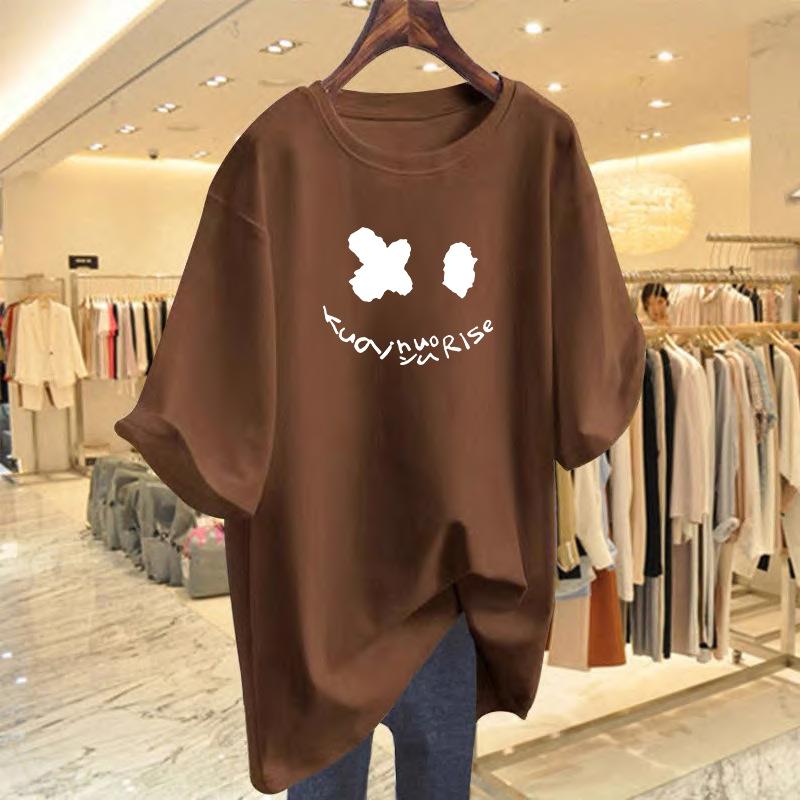 

Cotton white printed smiley face short-sleeved t-shirt women s summer new loose top half-sleeved bottoming shirt XXXL