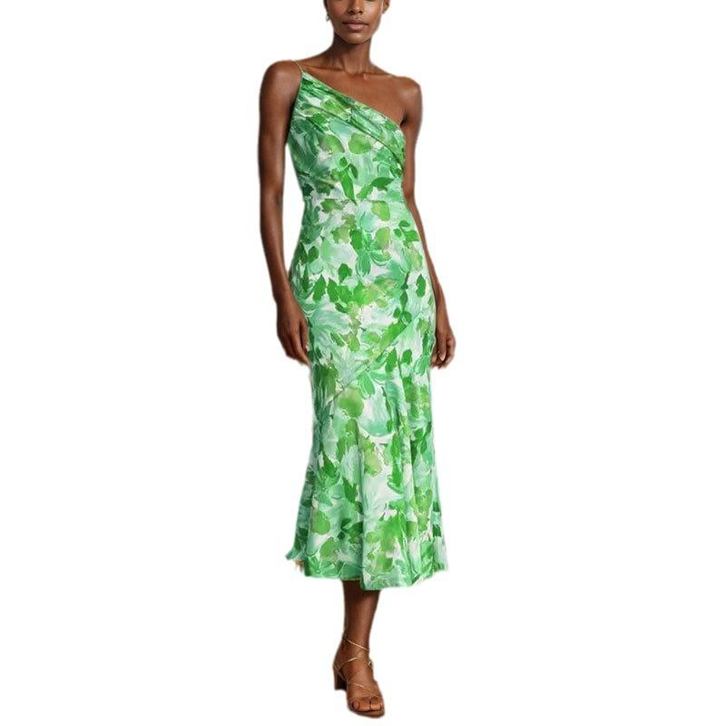 New European and American Women's Clothing Sexy Suspender Dress Printed Diagonal Neck Fishtail Dress Temperament Commuting