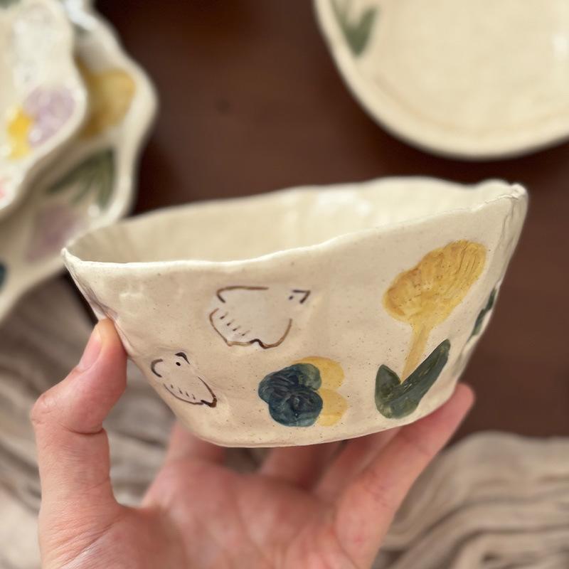 Retro Handmade Ceramic Tableware Underglaze Color Rice Bowl High Value Household Plate Breakfast Cup Dessert Plate Salad Bowl
