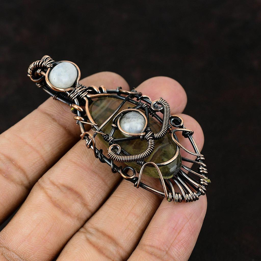 Evil Eye Fluorite Gemstone Pendant Copper Wire Wrapped Pendant Moonstone Jewelry Handmade Copper Wire Jewelry Evil Eye Pendant Birthday Gift