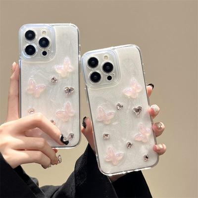 Genomskinligt lim för Apple 15Promax, 14 silikon XS rosa fjäril diamant 11 skal - fallskyddande och stilfullt