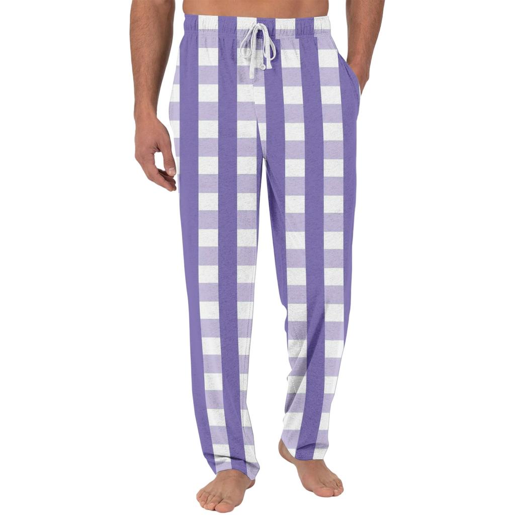 Men's Casual Pajama Pants With Pockets | Plain Stripe Checkered Printed Loose Fit Elastic Waistband For Home Wear