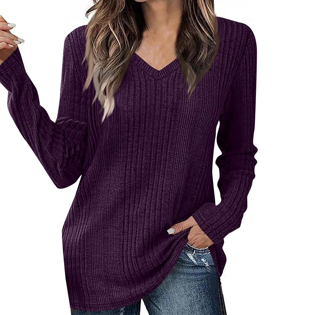 T-shirt décontracté à manches longues et col en V pour femme, couleur unie, haut confortable