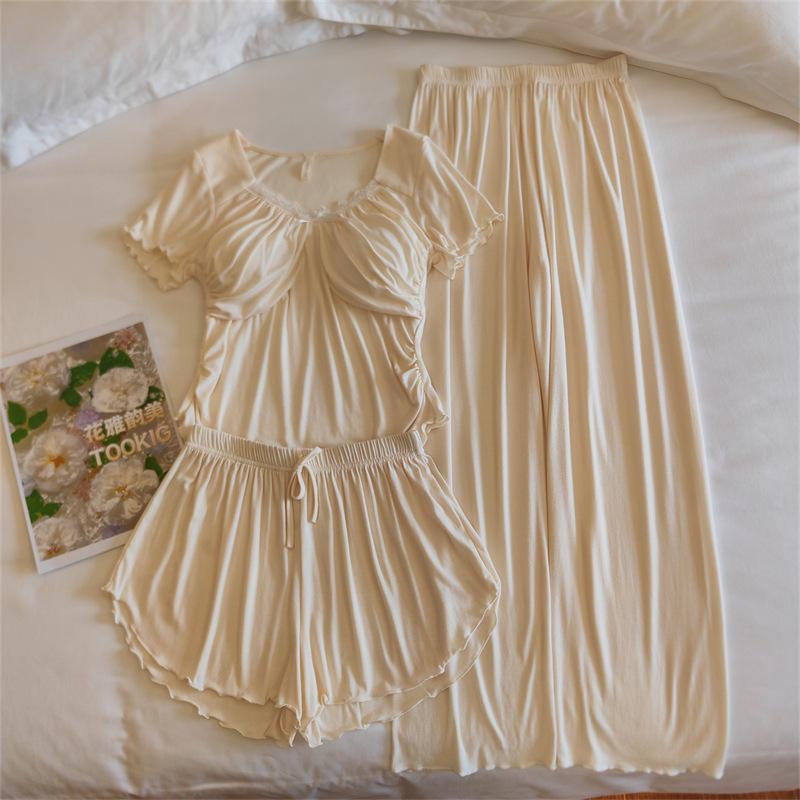 Women's Modal Pajama Set: Summer Short Sleeve & Long Pants with Chest Pad