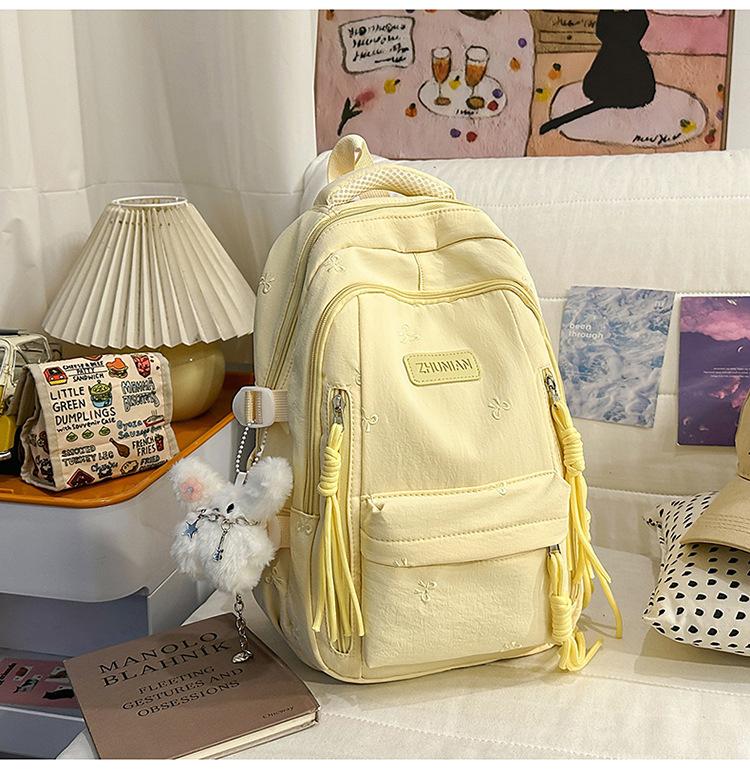 Schoolbag Cute Bow Embroidered Backpack Female Student Backpack Large Capacity Plush Pendant Elementary School Student Junior School Bag