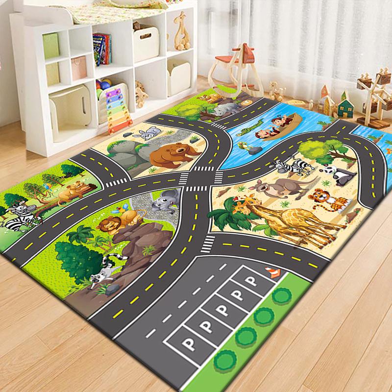 Cartoon Roadway Velvet Rug: Durable, Dirt-resistant Play Mat for Kids