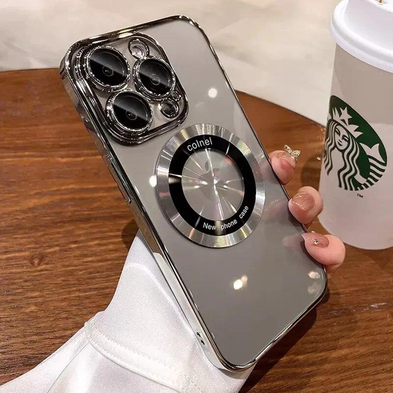 Luxury Magnetic Case With Lens Film For iPhone 14 15 13 12 11 Pro Max Plus Transparent Wireless Charging Protector Phone Cover