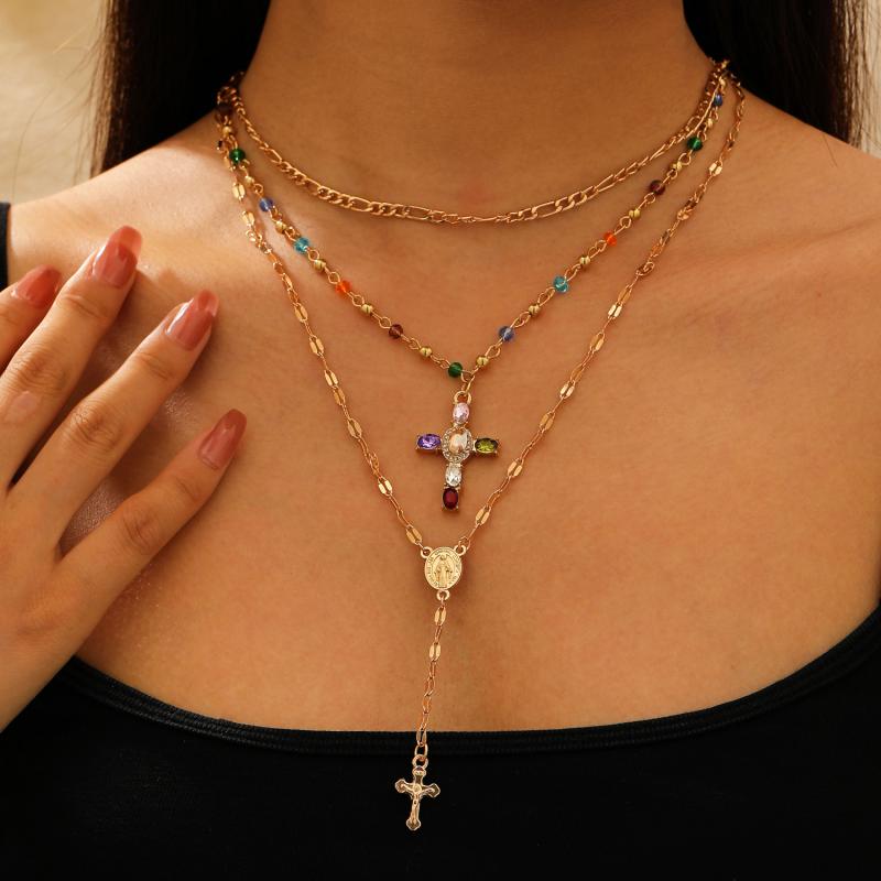Cross Pendant Tassel Necklace Alloy Chain Layered Crystal Accent Gothic Collarbone Jewelry Unisex Gothic Style Religious Gift