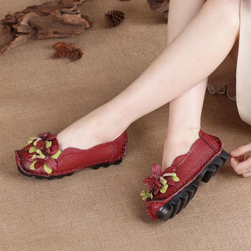 Ručně vyráběné květinové boty Dámské měkké boty s plochým dnem Podzimní ležérní sandály Boty z pravé kůže