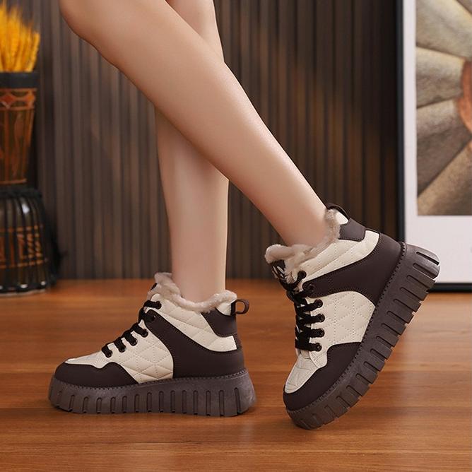 Winter Thick Soled High Top Suede Women's Shoes Thickened Color Blocking and Height Increasing Sneakers Round Toe Cotton Shoes