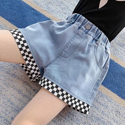 Girls' Summer Checkerboard Denim Shorts - Trendy & Lightweight