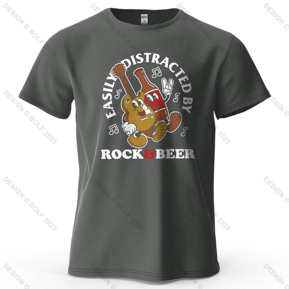 Rock And Beer Easy Distraction Print Loose Retro Meme Pattern Tshirt For Women Round Neck Tshirt Personalized Streetwear