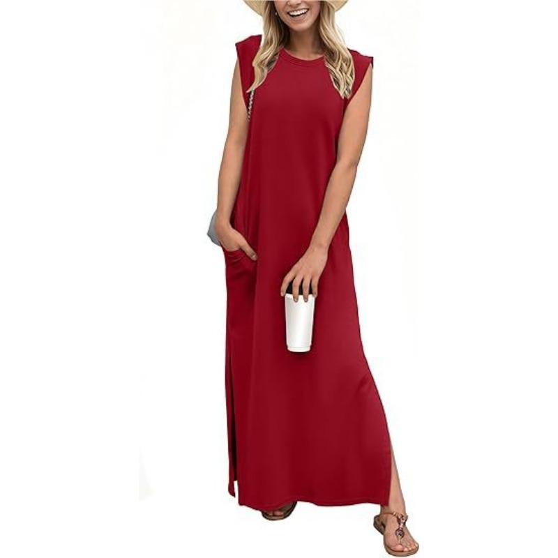 Women's Round-neck Loose Slit Sleeveless Long Pocket Dress