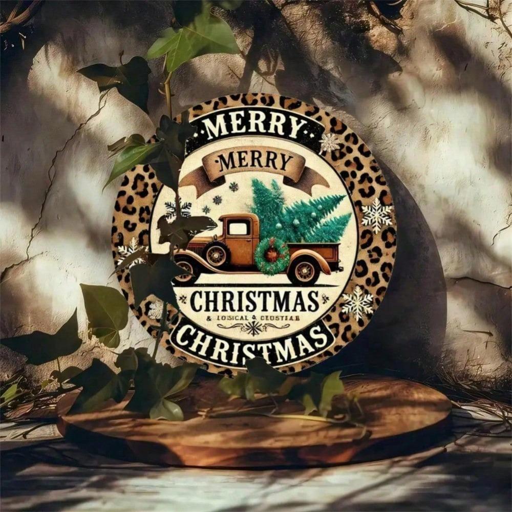 Landhausstil Runde Metallblechschild 8x8 Zoll Weihnachts-Kranz Leopard LKW Wand Tür Haus Bar Dekor