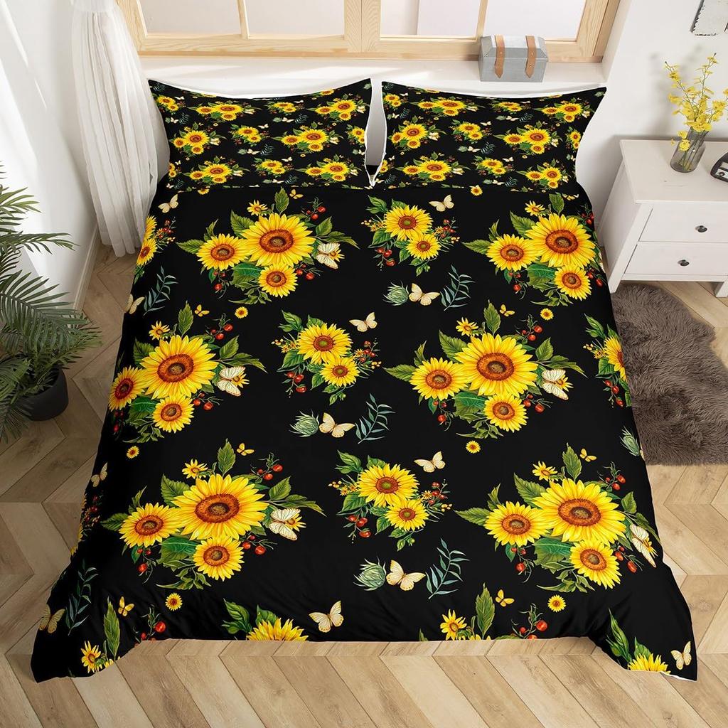 Sunflower Duvet Cover Twin King, Spring Garden Flowers Comforter Cover, Yellow Floral Botanical Bedding Set for Teen Women Room