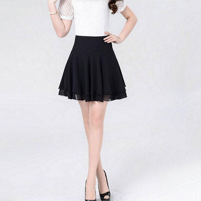Korean Fashion Women Chiffon Skirts Summer Office Lady All-match Double Layer With Lining Elastic High Waist Black A-line Skirt