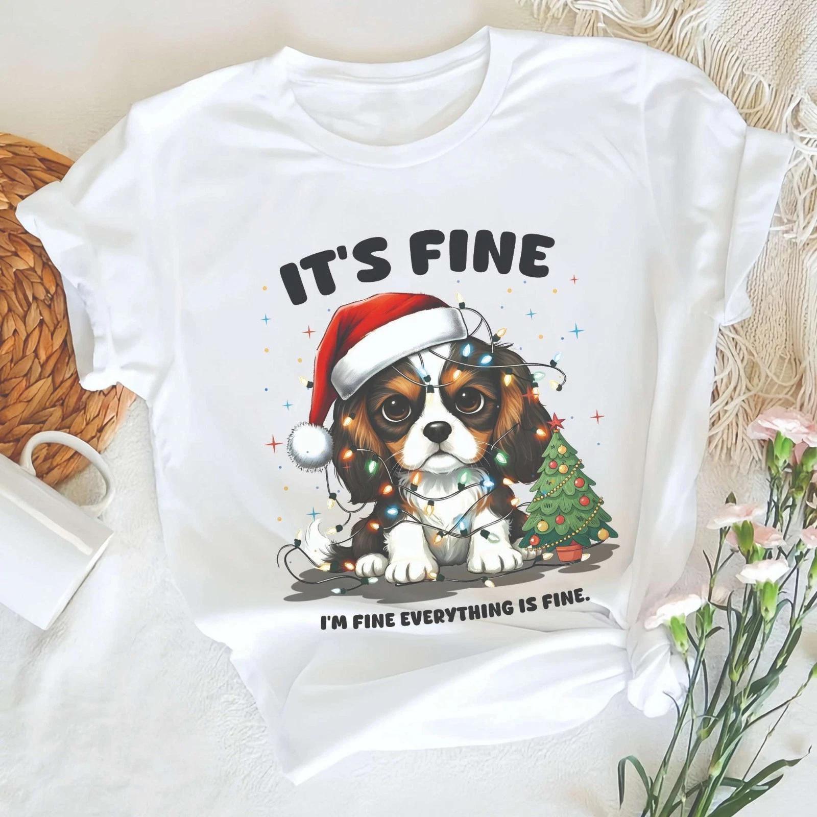 Cavalier King Charles Spaniel Santa Christmas Light It s Fine I m Fine Shirt M